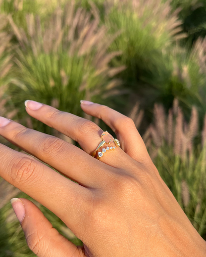 Hand wearing a ring with a grassy background